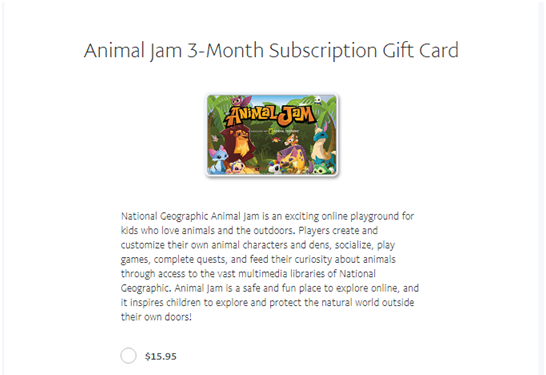Animal Jam gift card